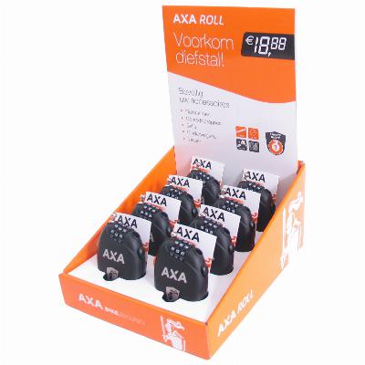 Kabelslot Axa Roll oprolbare staalkabel 75cm*1.6mm met cijfercode (8 stuks in toonbankdisplay)